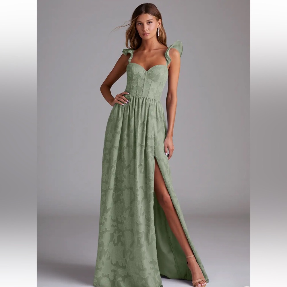 Azazie Sage Green Maxi Dress with Ruffle Straps